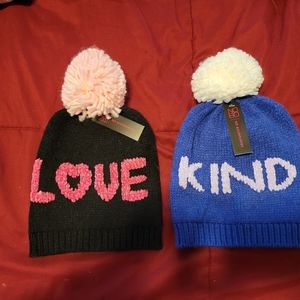 NWT 2 beanies with poms. LOVE and KIND across front.